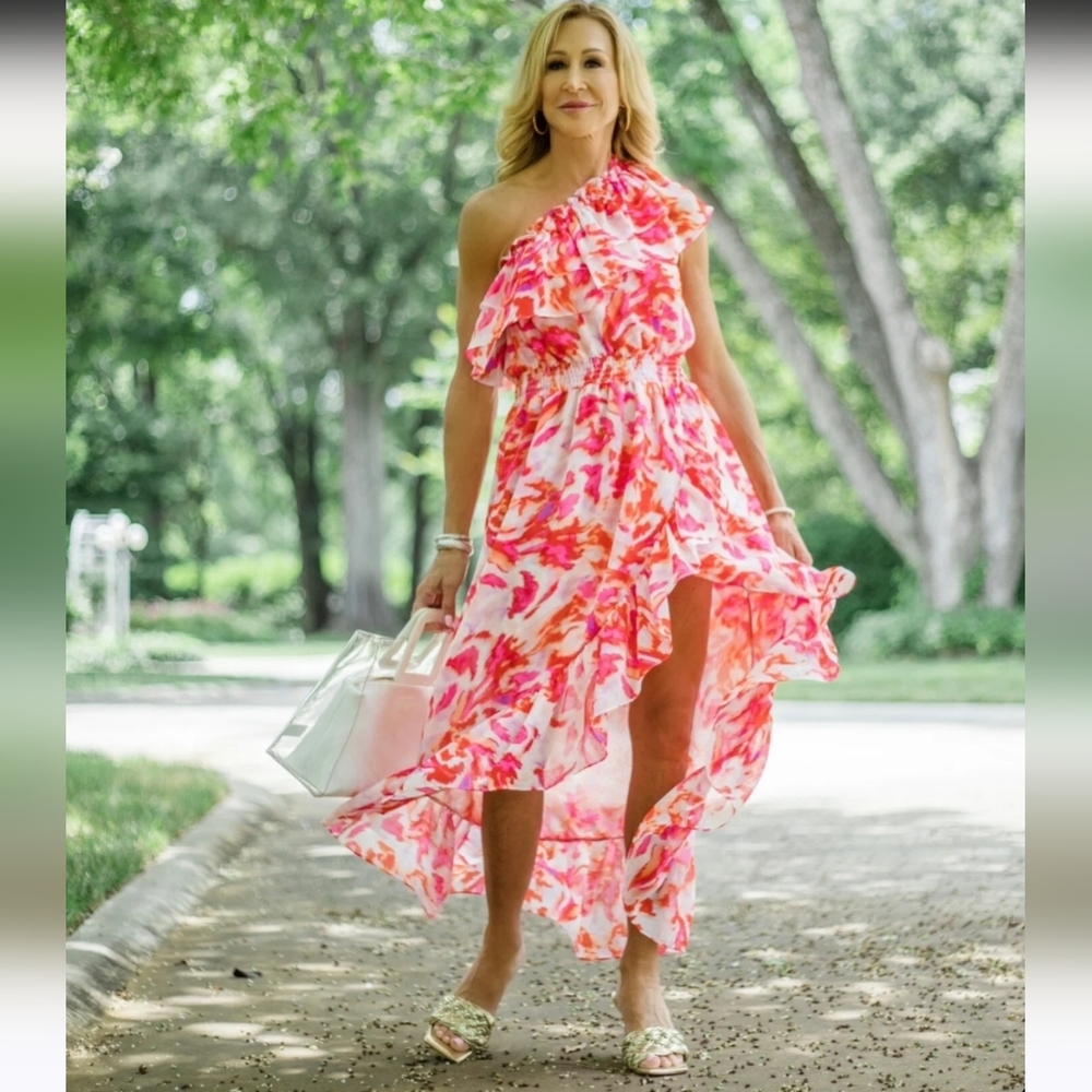 Misa Los Angeles Rumi Dress Maldive Marble One Shoulder Chiffon Flowy Floral